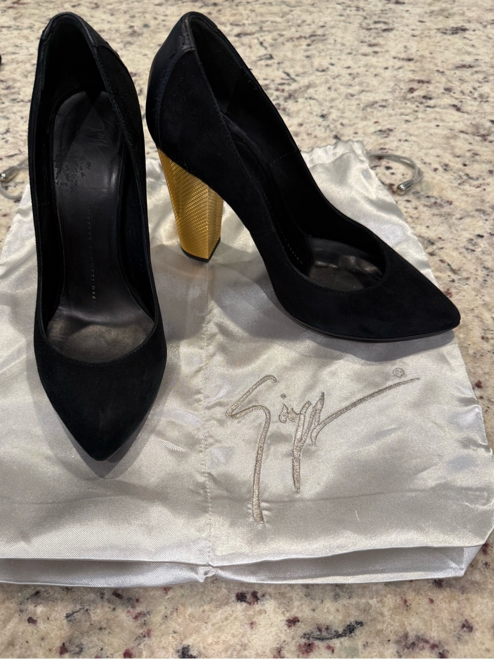 Giuseppe Zanotti Black Suede Pumps with Gold Block Heel